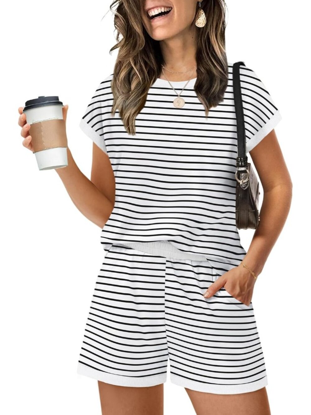 〽️Women's Outfit White Black Strip Cap Sleeve Shirts Shorts Summer Lounge Set
